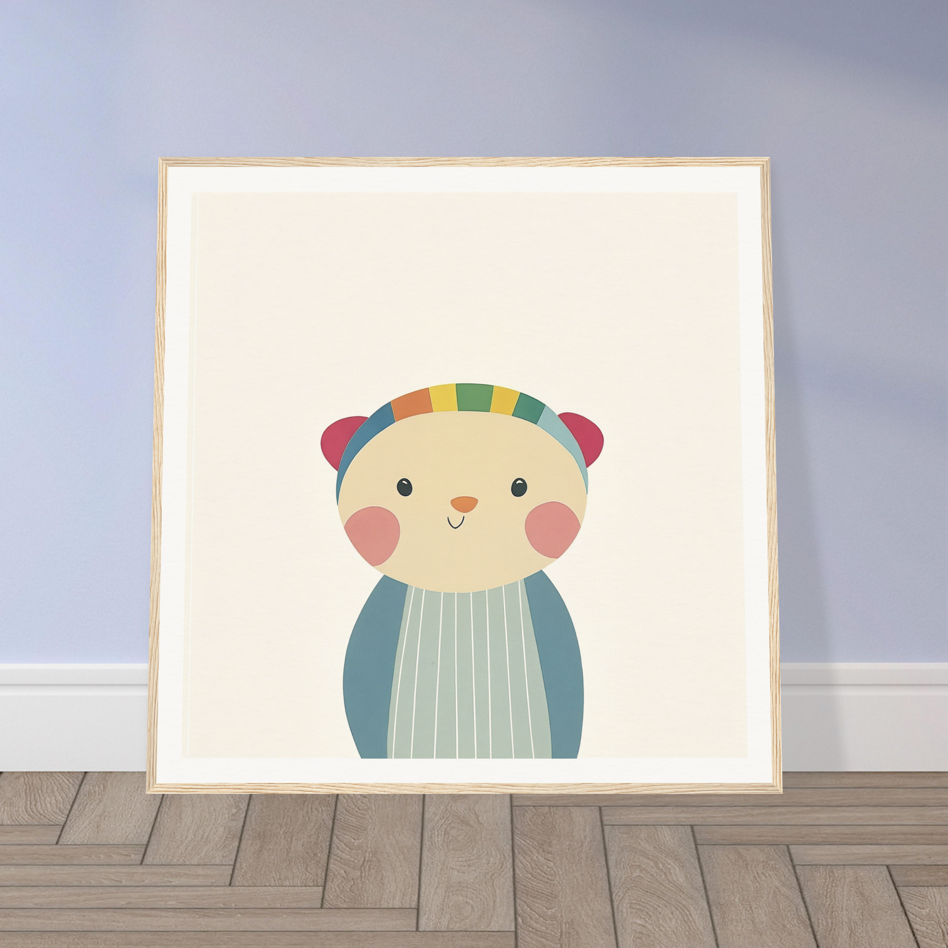 Cute cartoon bear in a striped beanie and blue sweater for nursery wall art