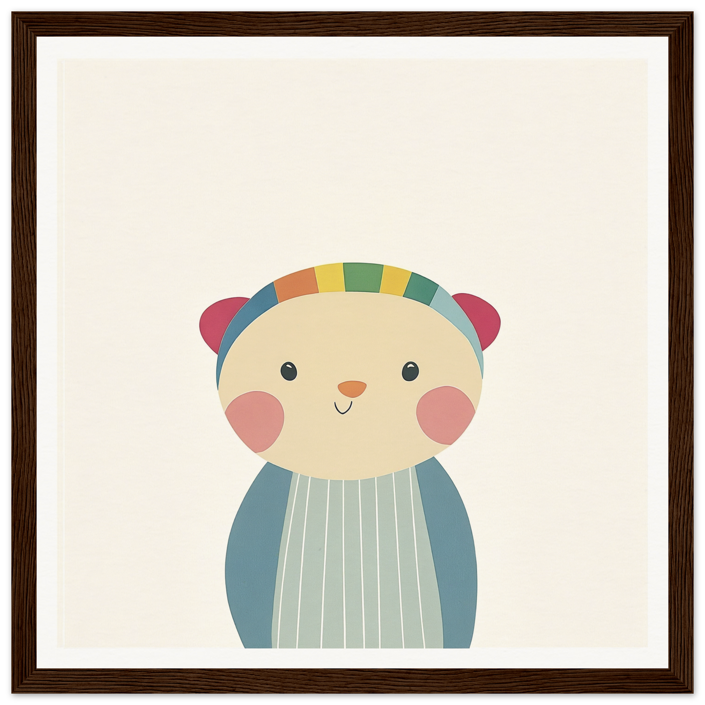 Cute cartoon bear with rosy cheeks in a striped shirt for nursery wall art