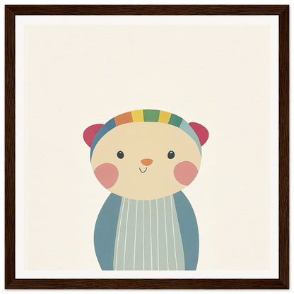 Cute cartoon bear with rosy cheeks in a striped shirt for nursery wall art