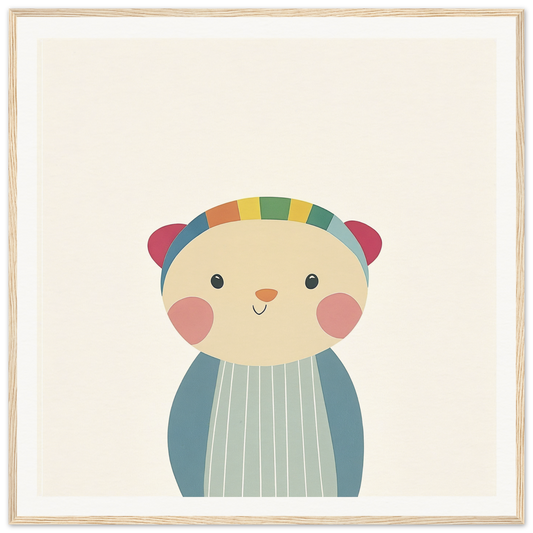 Cute cartoon bear with rosy cheeks in rainbow headband for nursery wall art