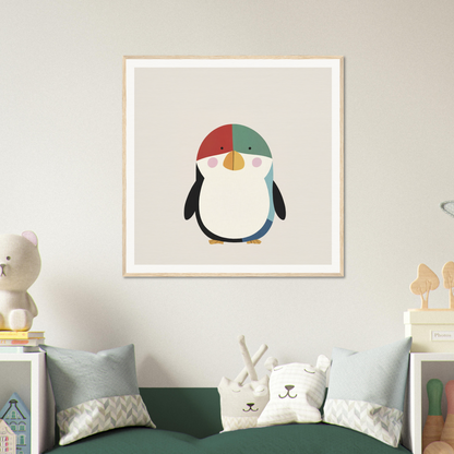 Minimalist illustration of a penguin in a colorful winter hat for nursery wall art