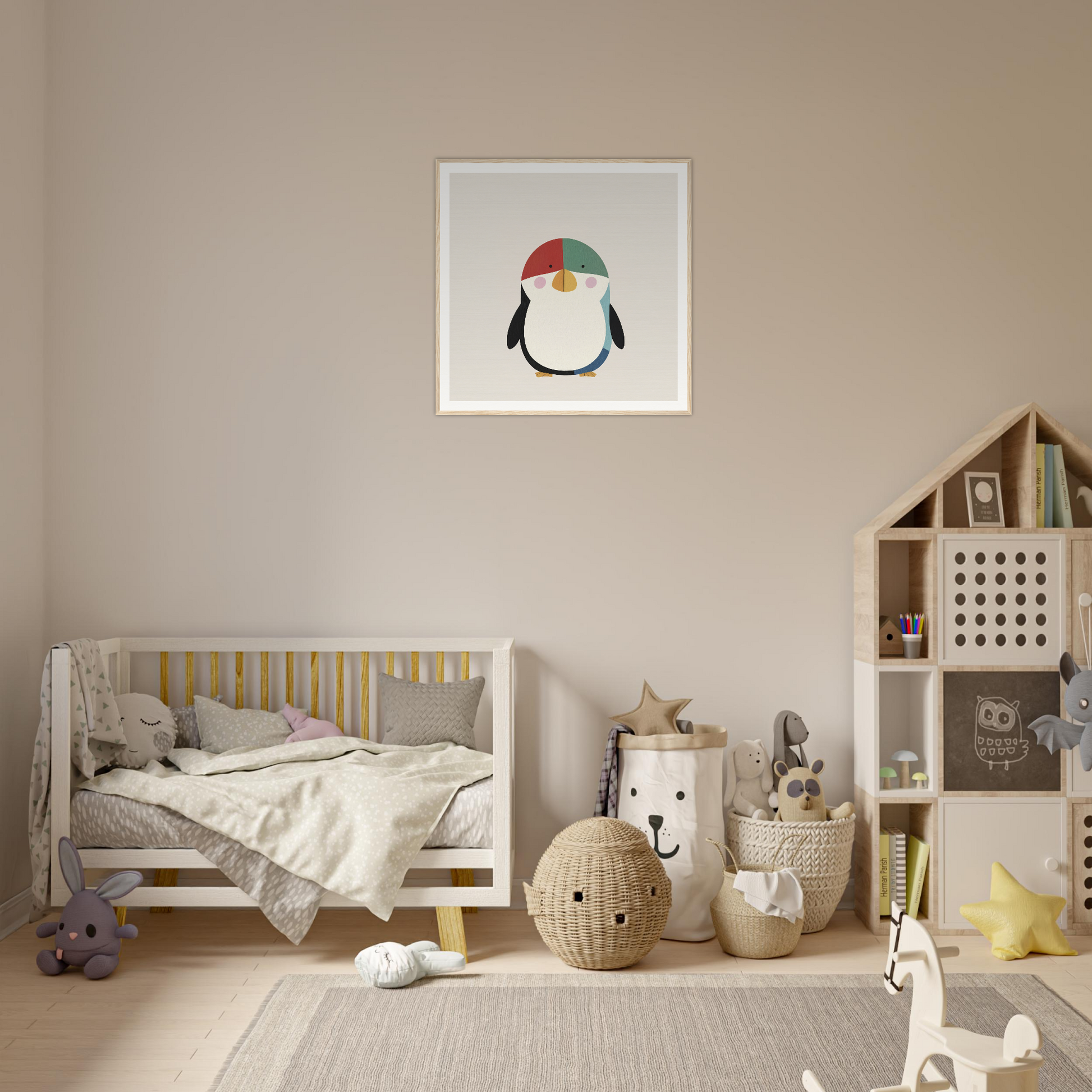 Cozy nursery with neutral tones and cute penguin nursery wall art above crib