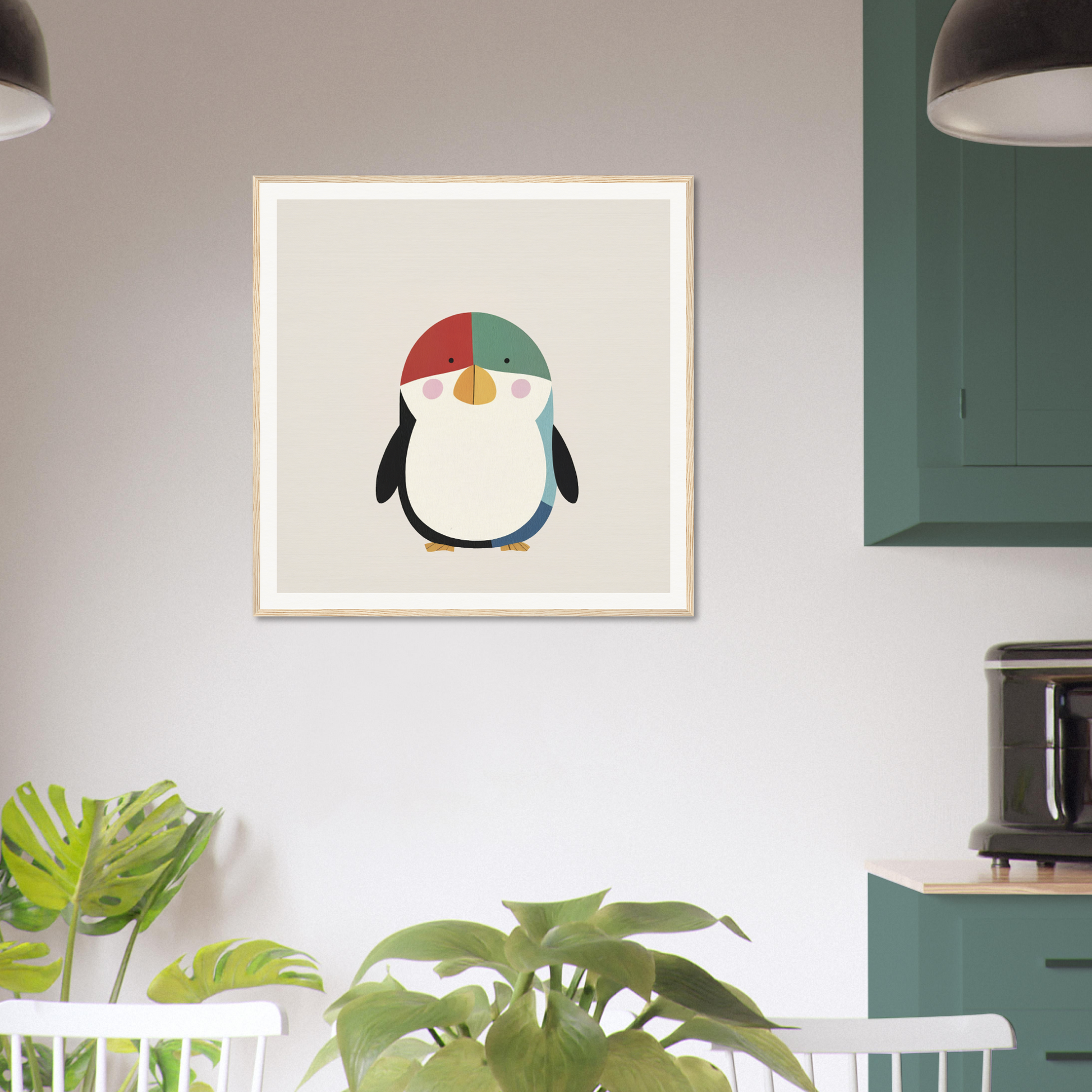 Minimalist Penguin wearing a striped cap, perfect for nursery wall art or decor