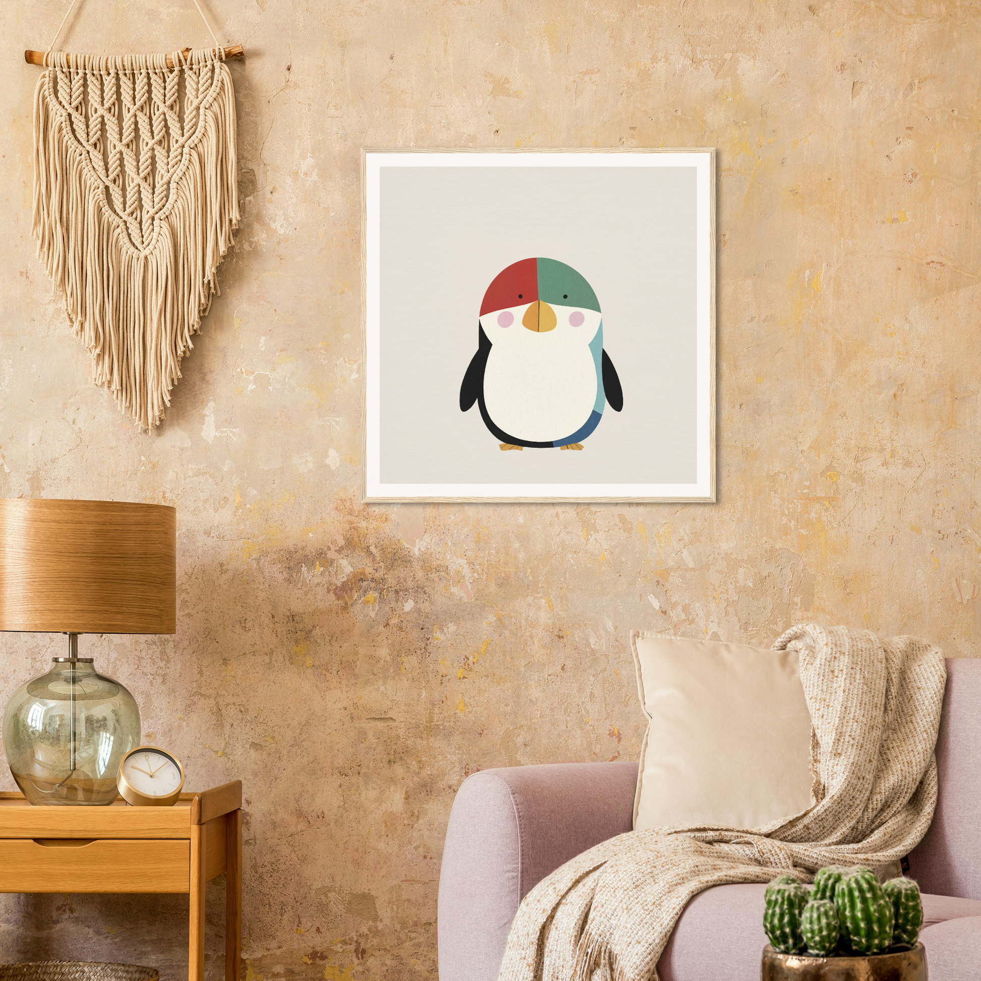 Framed poster of a penguin in a colorful cap, perfect for nursery wall art