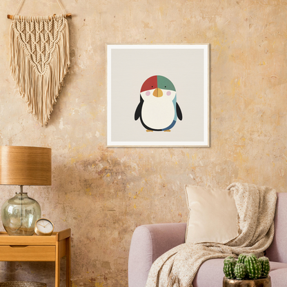 Framed poster of a penguin in a colorful cap, perfect for nursery wall art