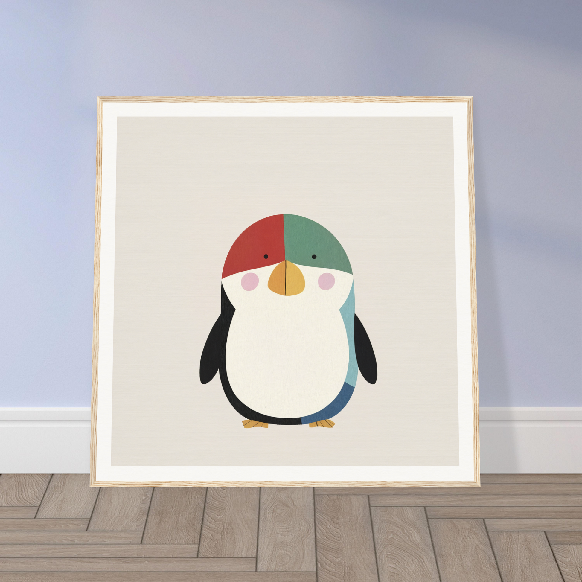 Cute minimalist penguin with a colorful divided hat for nursery wall art décor