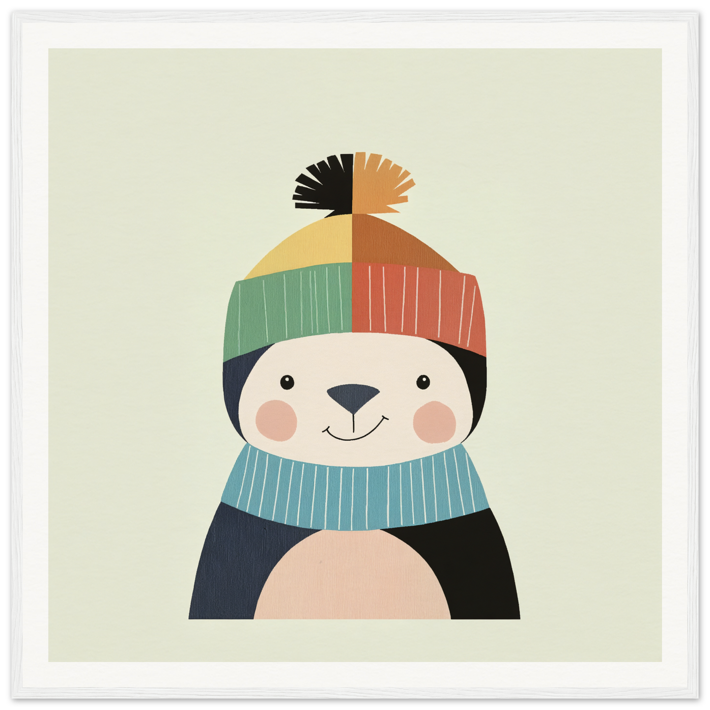 Cute cartoon penguin in a winter hat and scarf, perfect for nursery wall art decor