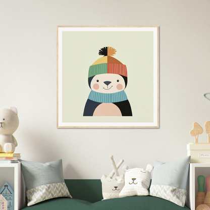 Cute cartoon panda wearing a winter beanie and scarf for nursery wall art vibes