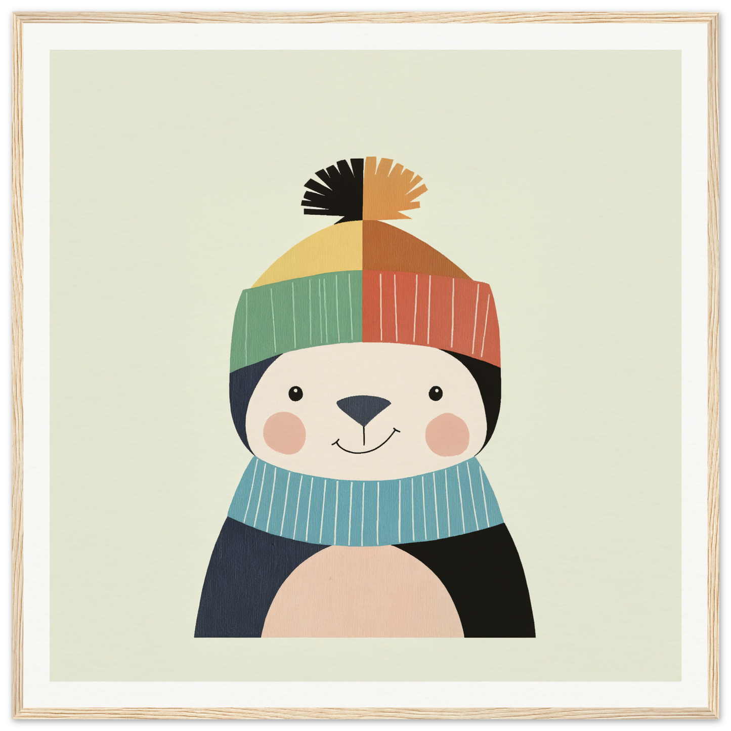 Cute cartoon panda in a colorful winter hat, perfect for nursery wall art