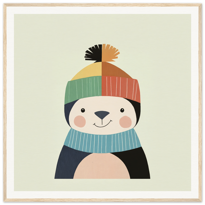 Cute cartoon panda in a colorful winter hat, perfect for nursery wall art