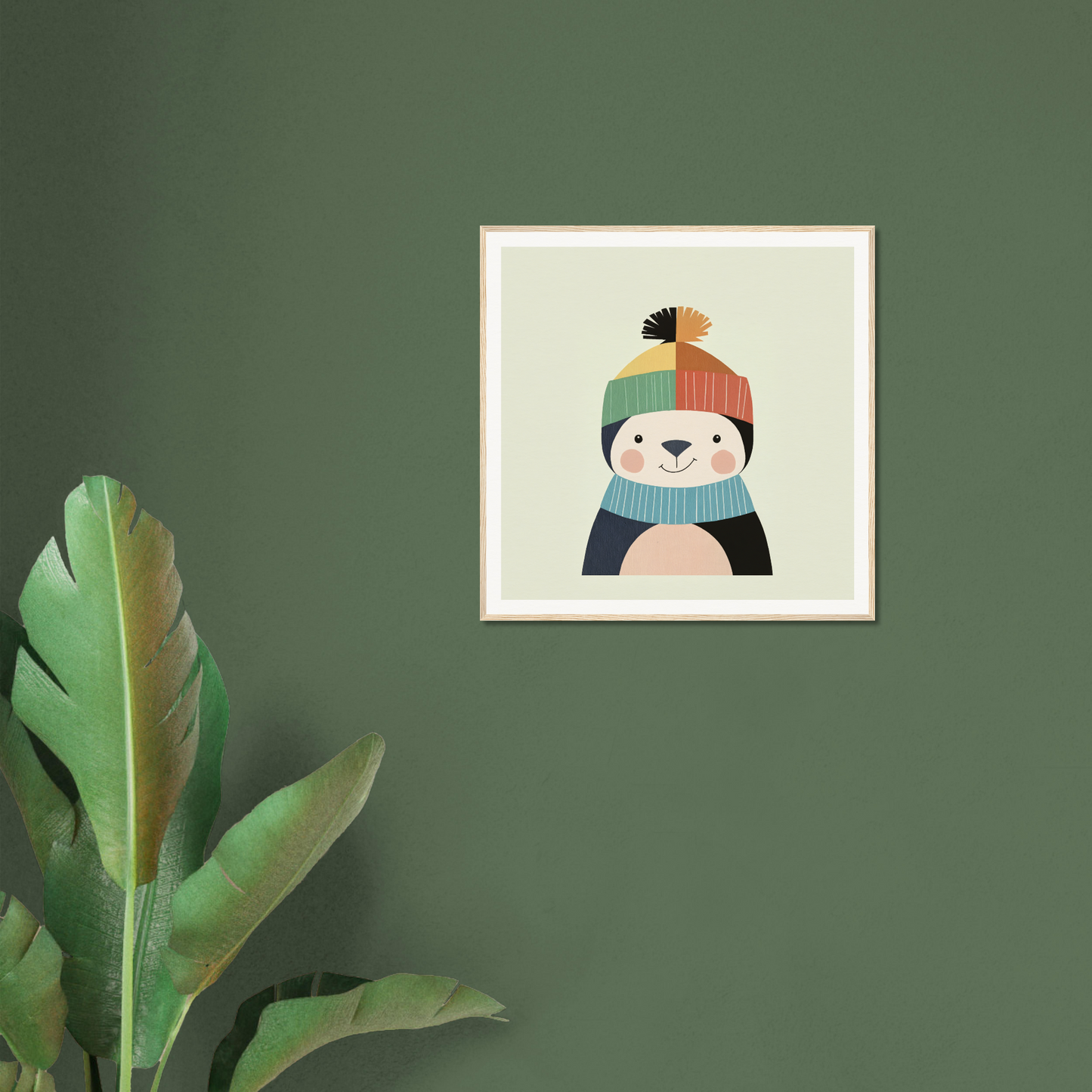 Framed illustration of a penguin in a knit hat, perfect for nursery wall art