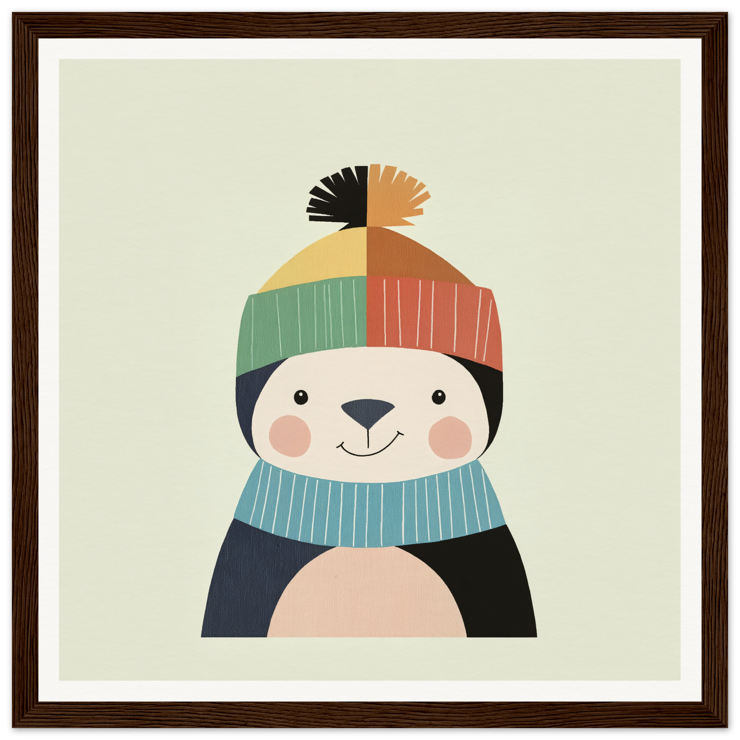 Cute cartoon penguin in a winter hat and scarf perfect for nursery wall art