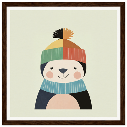 Cute cartoon penguin in a winter hat and scarf perfect for nursery wall art