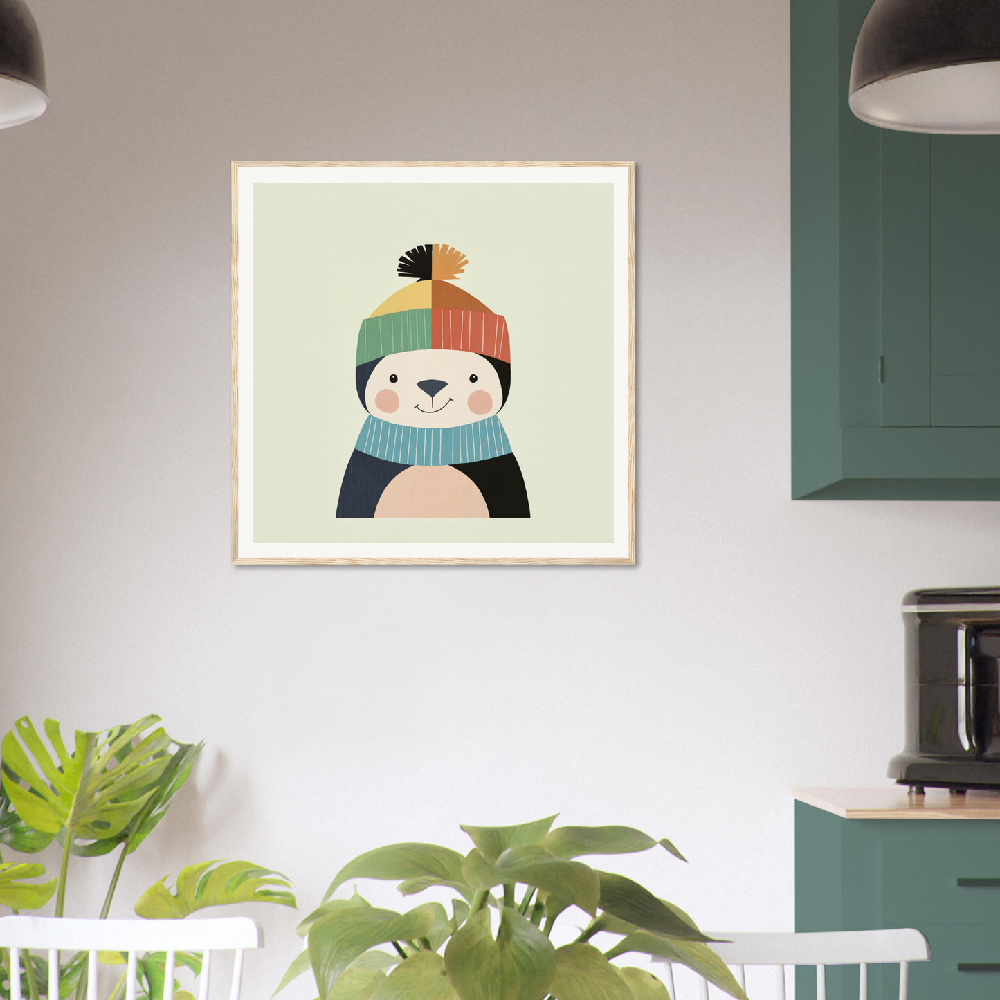 Framed cartoon penguin with winter hat and scarf, perfect for nursery wall art