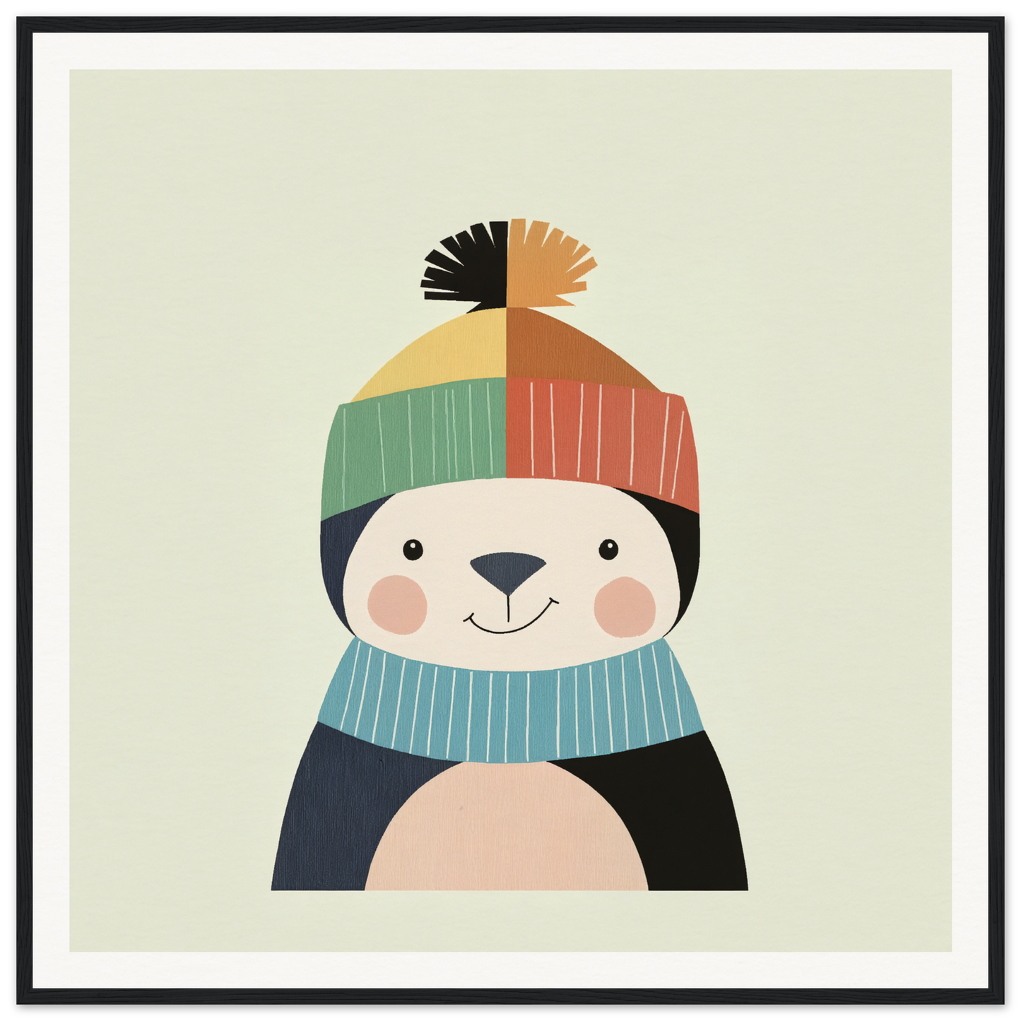 Cute cartoon panda in a striped winter hat perfect for nursery wall art and decor