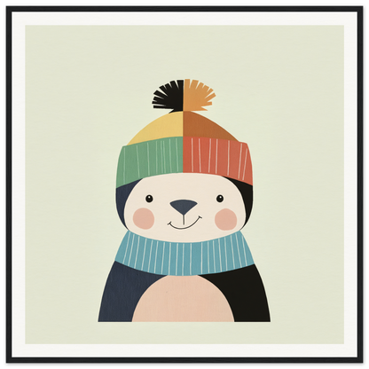 Cute cartoon panda in a striped winter hat perfect for nursery wall art and decor