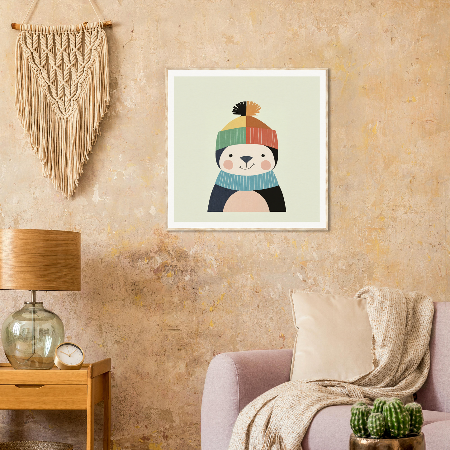 Cute cartoon penguin in a colorful winter hat for nursery wall art or decor