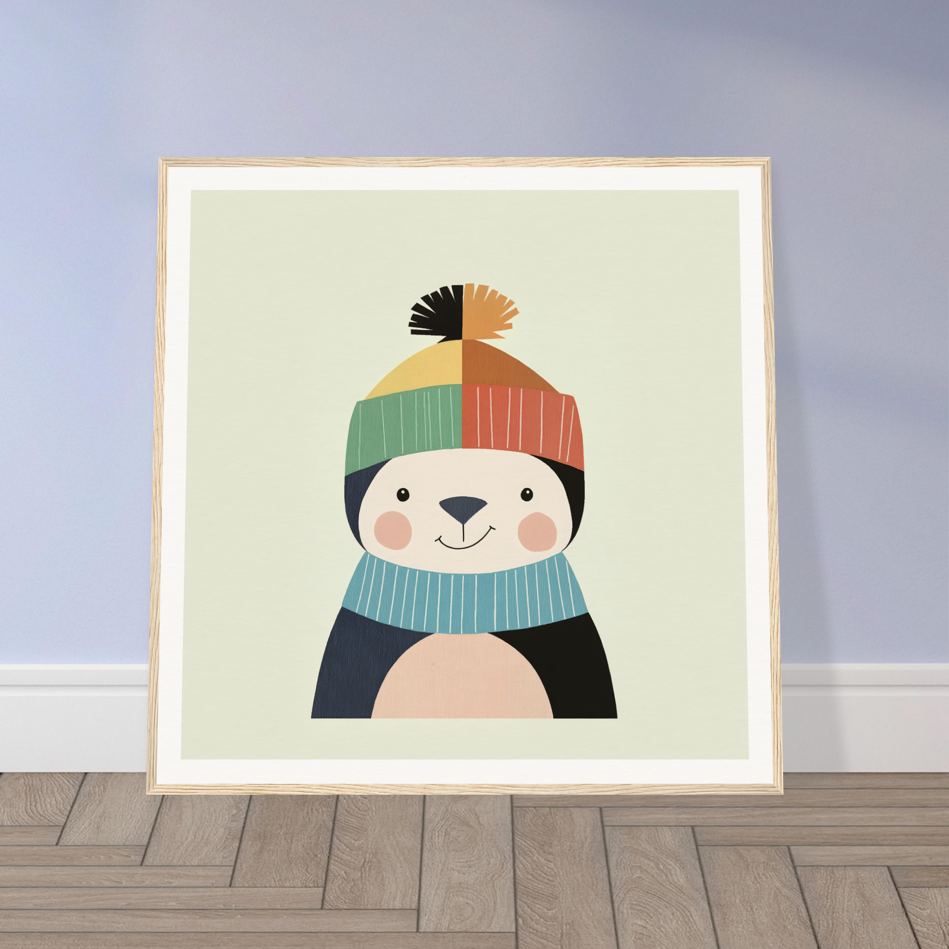 Cute cartoon penguin in a winter hat and scarf for nursery wall art or decor