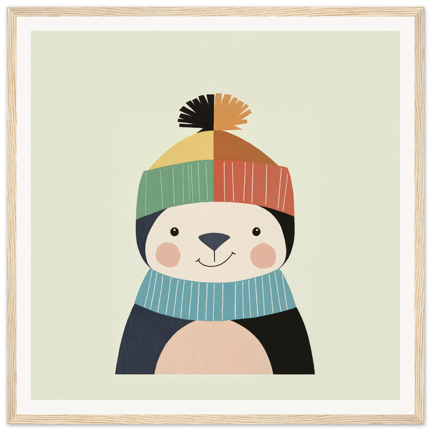 Cute cartoon penguin in a colorful winter hat for nursery wall art or decor