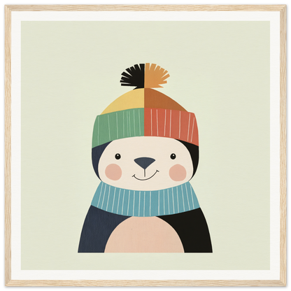 Cute cartoon penguin in a colorful winter hat for nursery wall art or decor