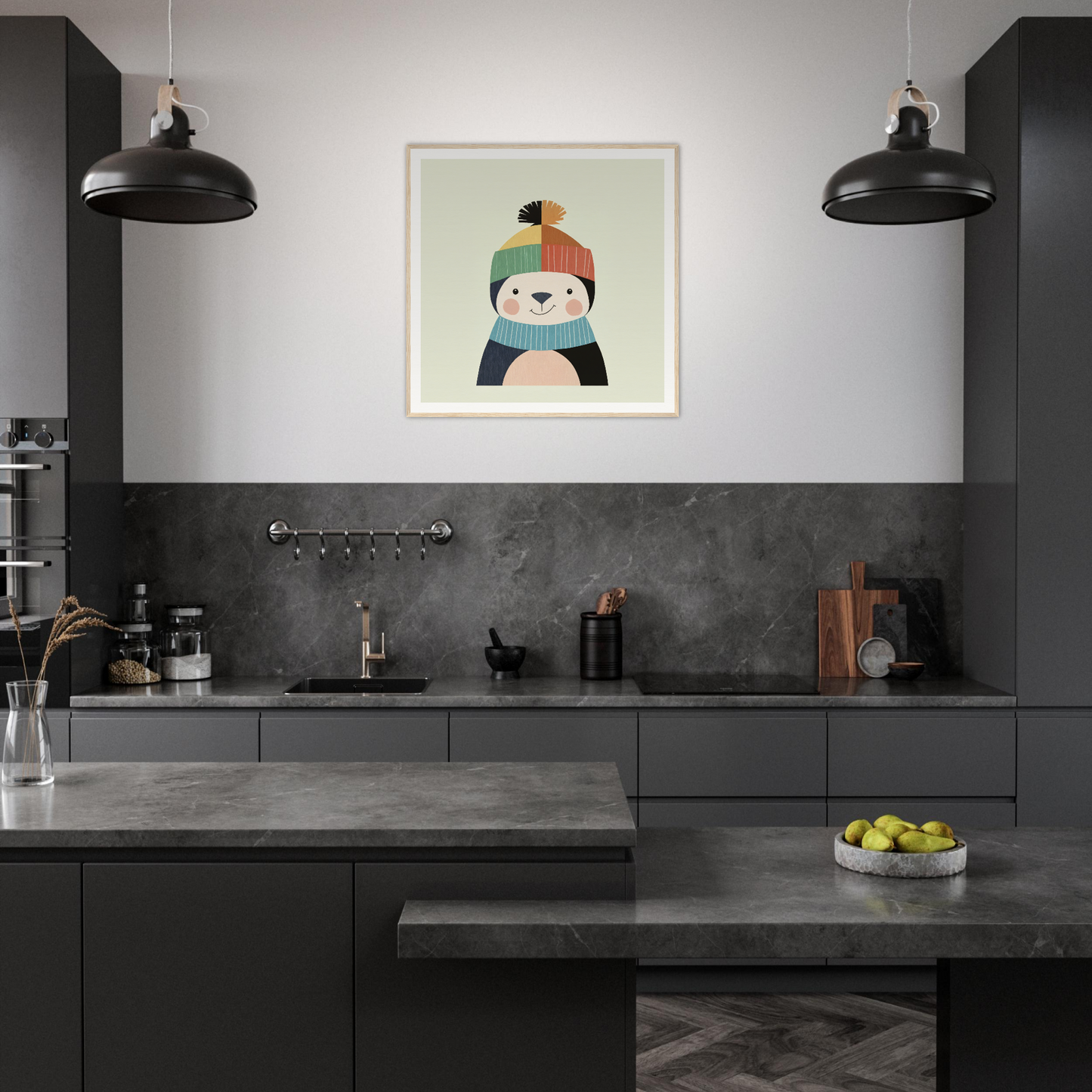 Modern dark gray kitchen featuring whimsical penguin nursery wall art from Product88