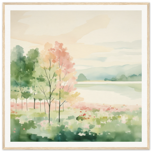 Watercolor lakeside painting perfect for nursery wall art and decor in soft colors