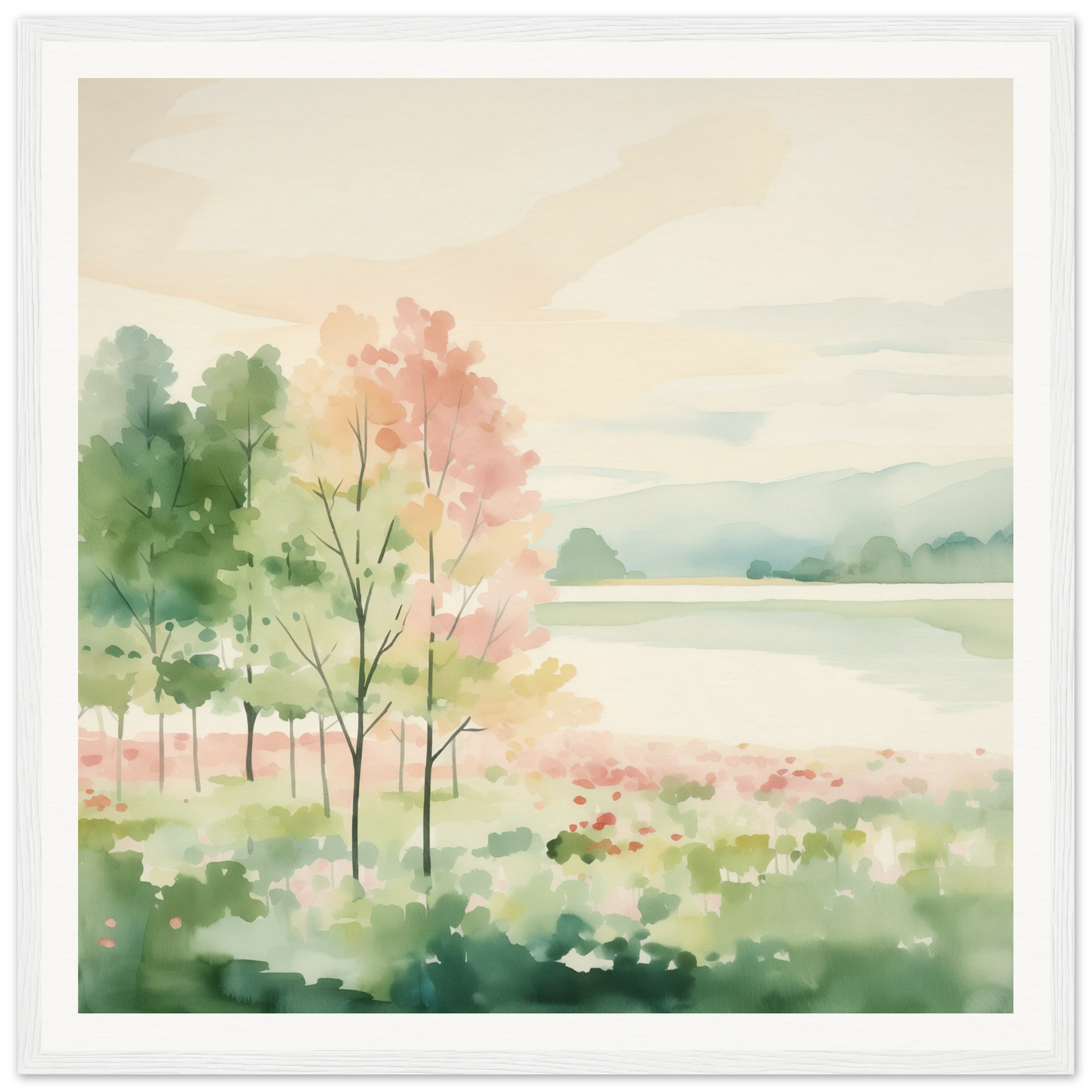 Watercolor painting of a serene lakeside landscape for nursery wall art or decor