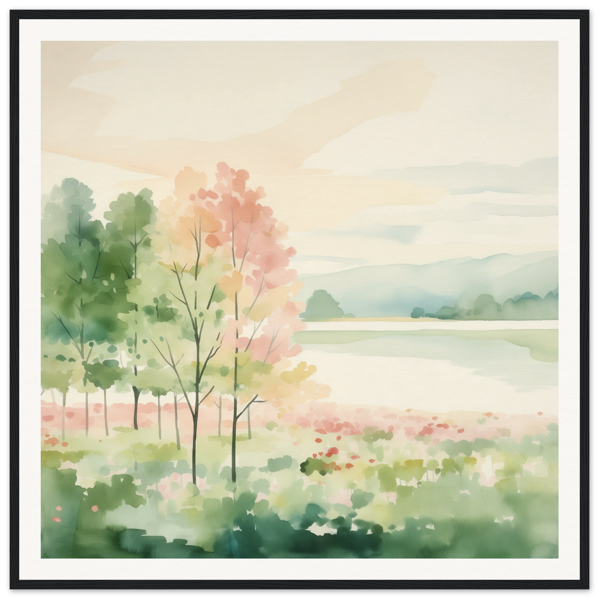 Watercolor landscape of trees by a lake, perfect nursery wall art for decor