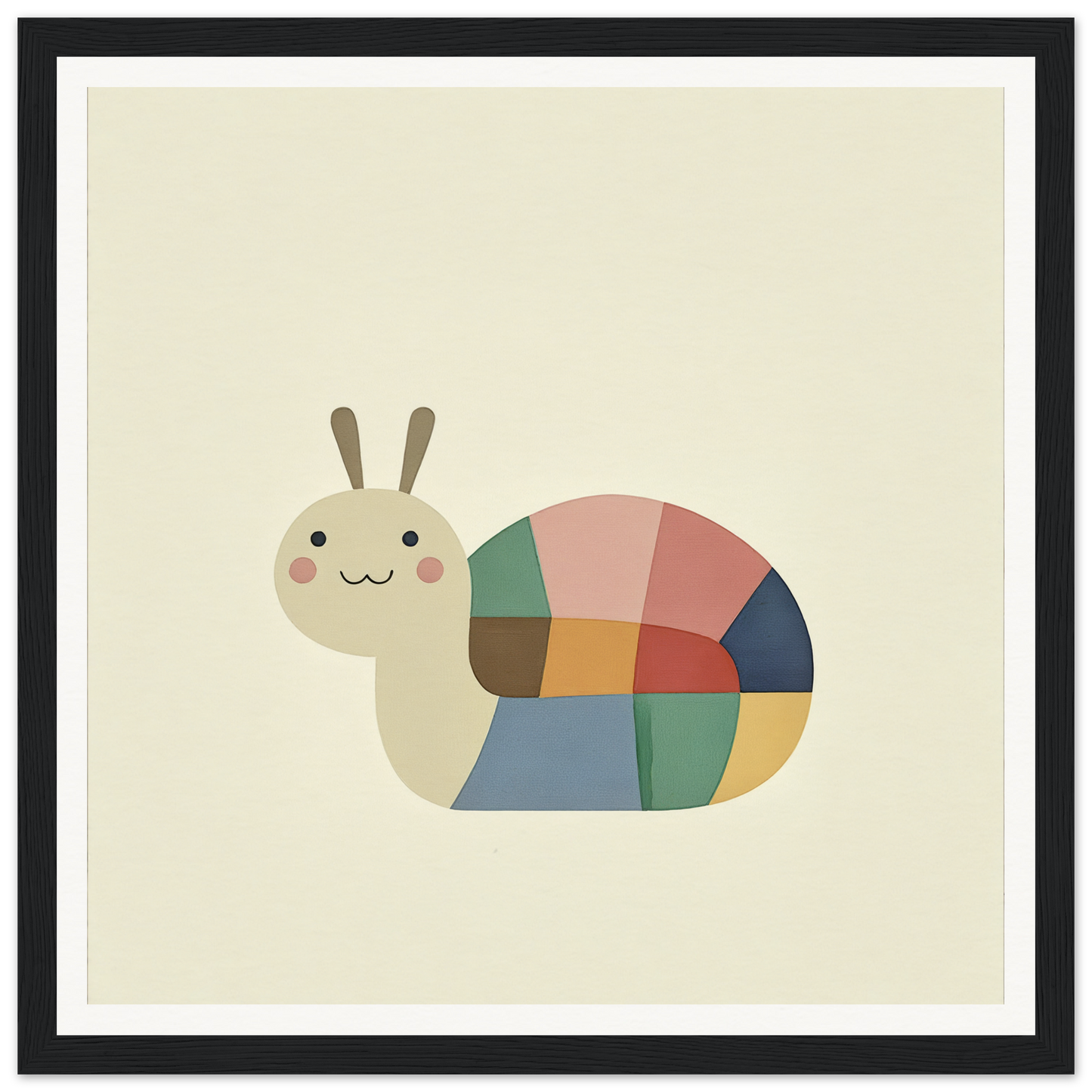 Cute cartoon snail with colorful patchwork shell for fun nursery wall art