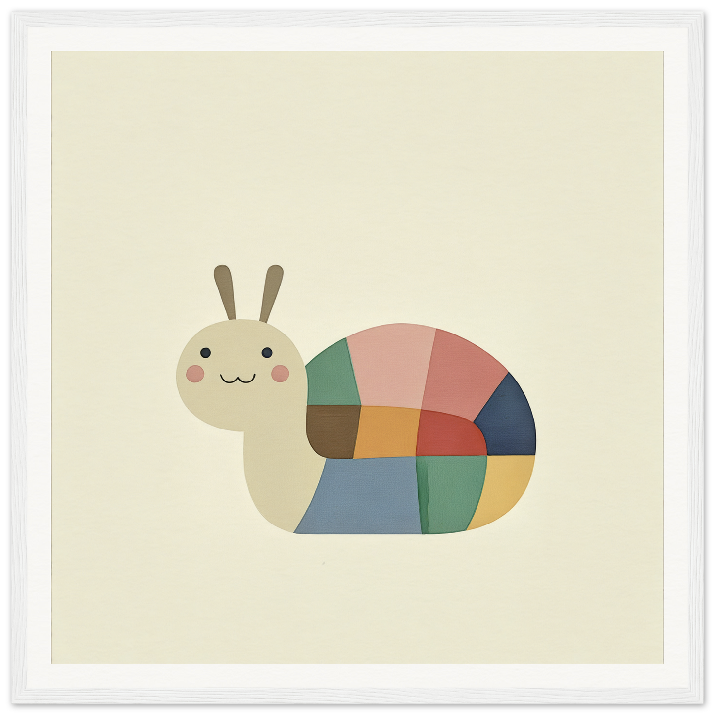 Colorful patchwork snail with a smile, perfect for nursery wall art or decor