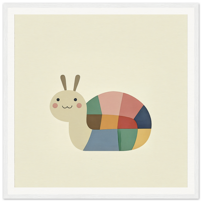 Colorful patchwork snail with a smile, perfect for nursery wall art or decor