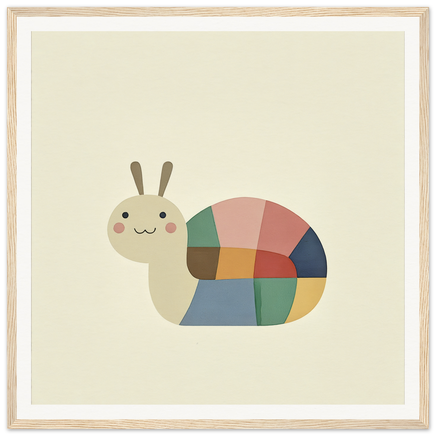 Cute cartoon snail with patchwork shell and bunny antennae for nursery wall art