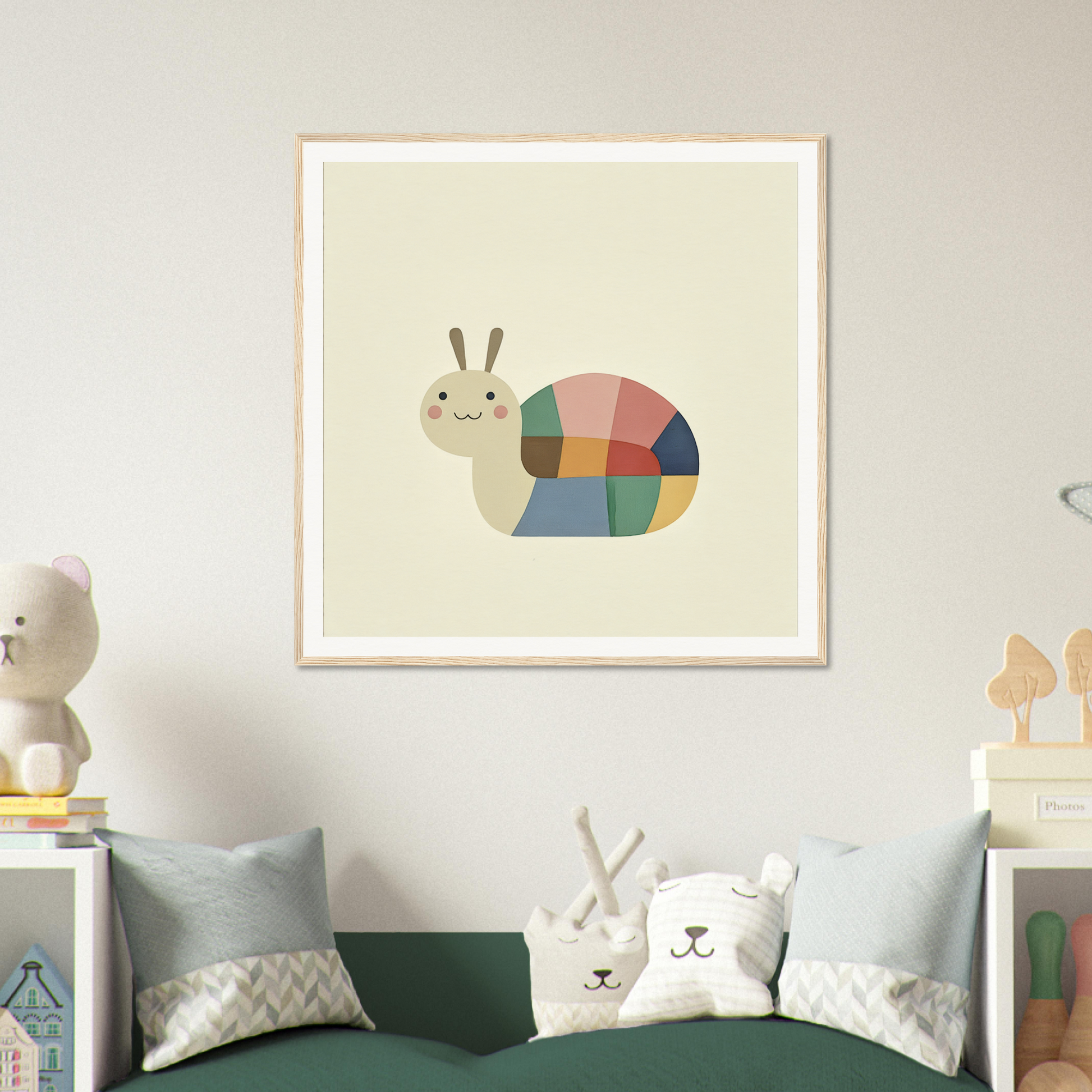 Colorful geometric snail artwork with a smile for cute nursery wall art in product90