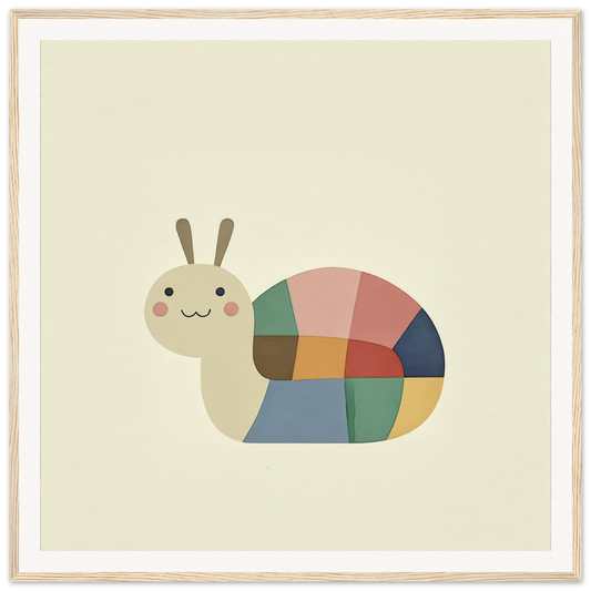 Cute cartoon snail with a patchwork shell in fun nursery wall art for kids