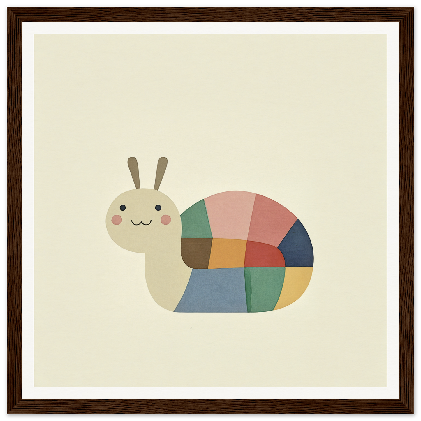 Colorful patchwork snail with bunny ears and smile for nursery wall art decor