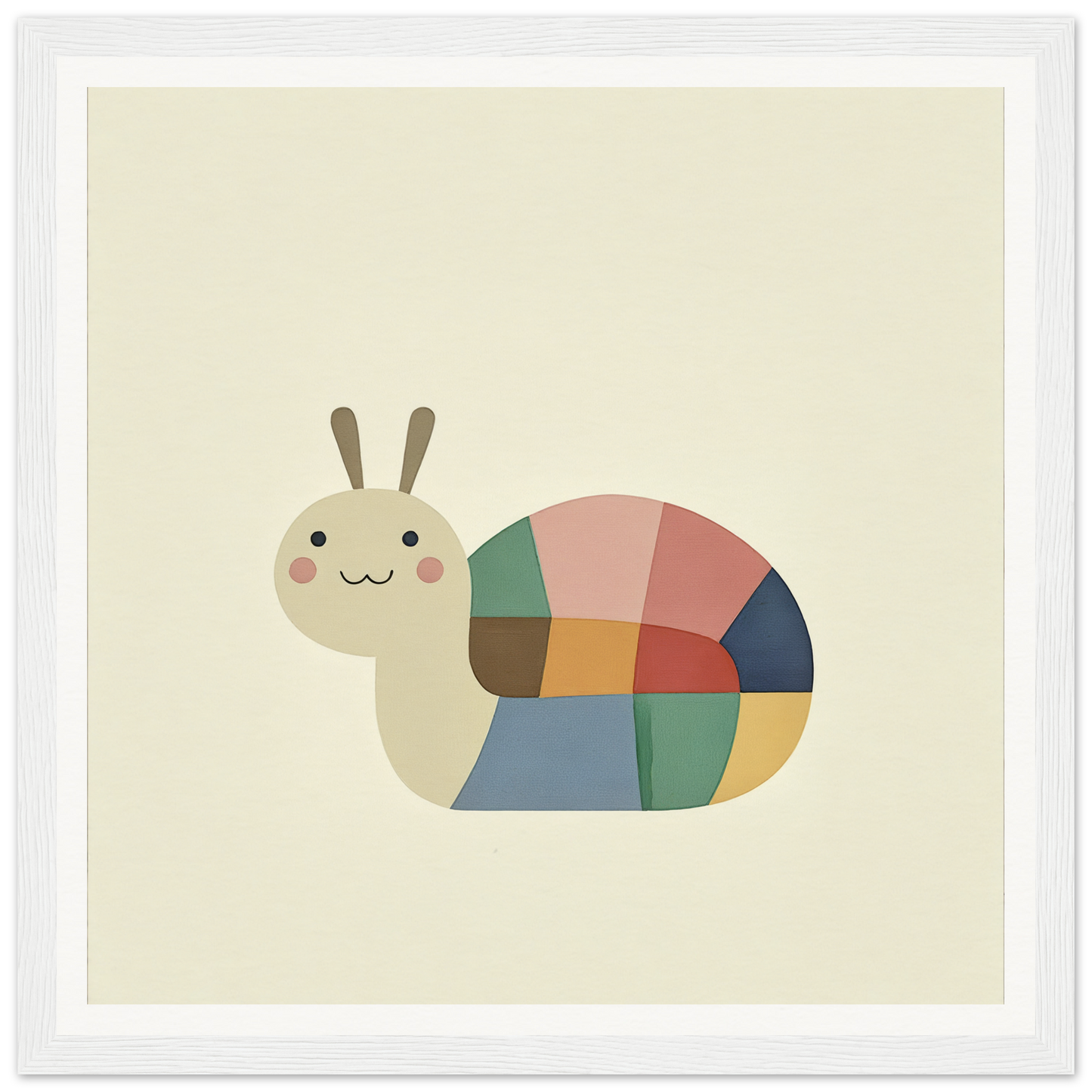 Cute cartoon snail with a patchwork shell, perfect for nursery wall art or decor