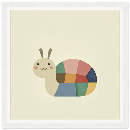 Cute cartoon snail with a patchwork shell, perfect for nursery wall art or decor