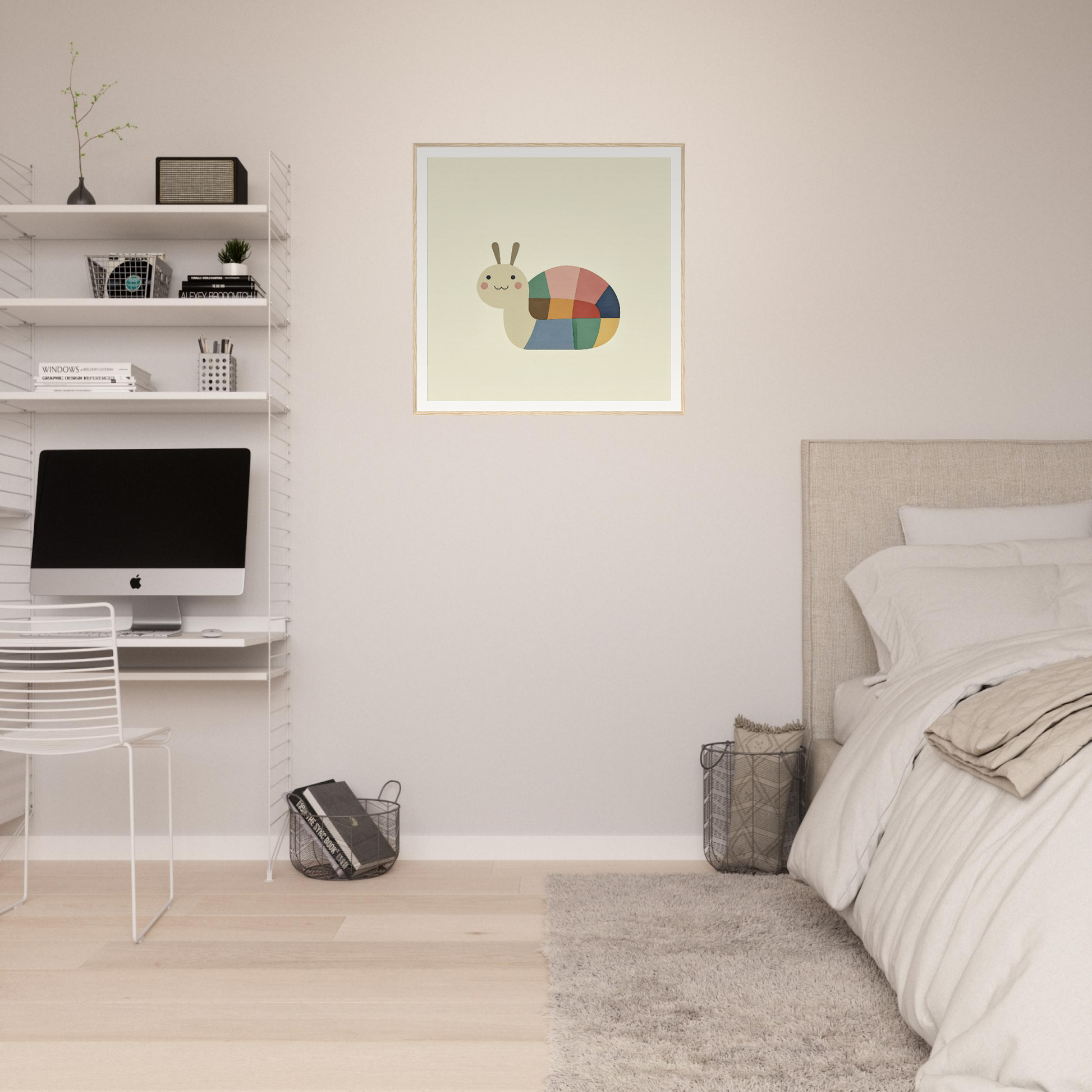 Minimalist bedroom with colorful snail nursery wall art and a sleek iMac setup