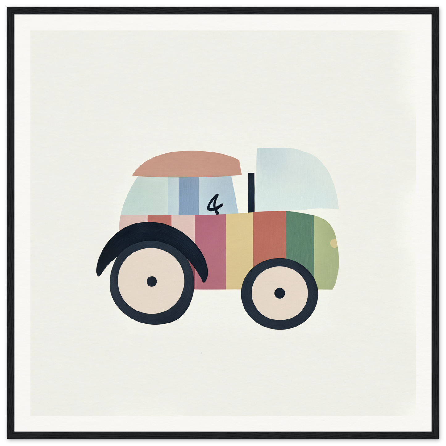 Colorful cartoon toy tractor in pastel geometric shapes for fun nursery decor