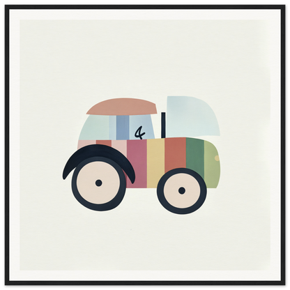 Colorful cartoon toy tractor in pastel geometric shapes for fun nursery decor