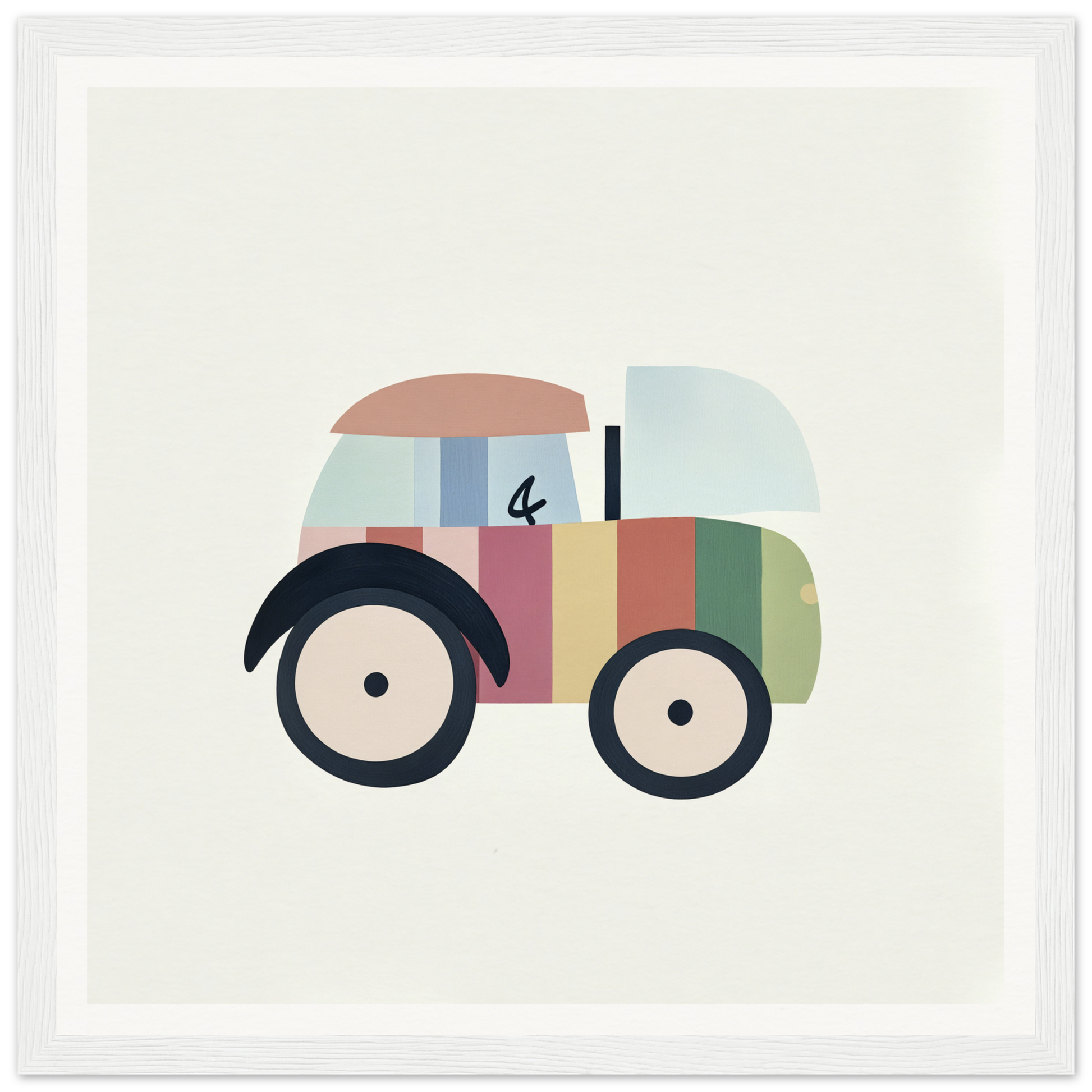 Colorful cartoon car in minimalist style for trendy nursery wall art decor