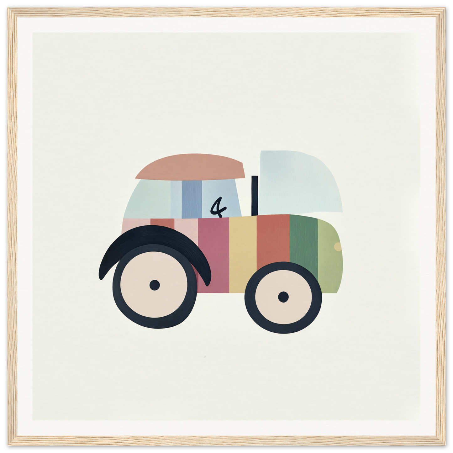 Colorful cartoon toy car with pastel stripes for cute nursery wall art decor