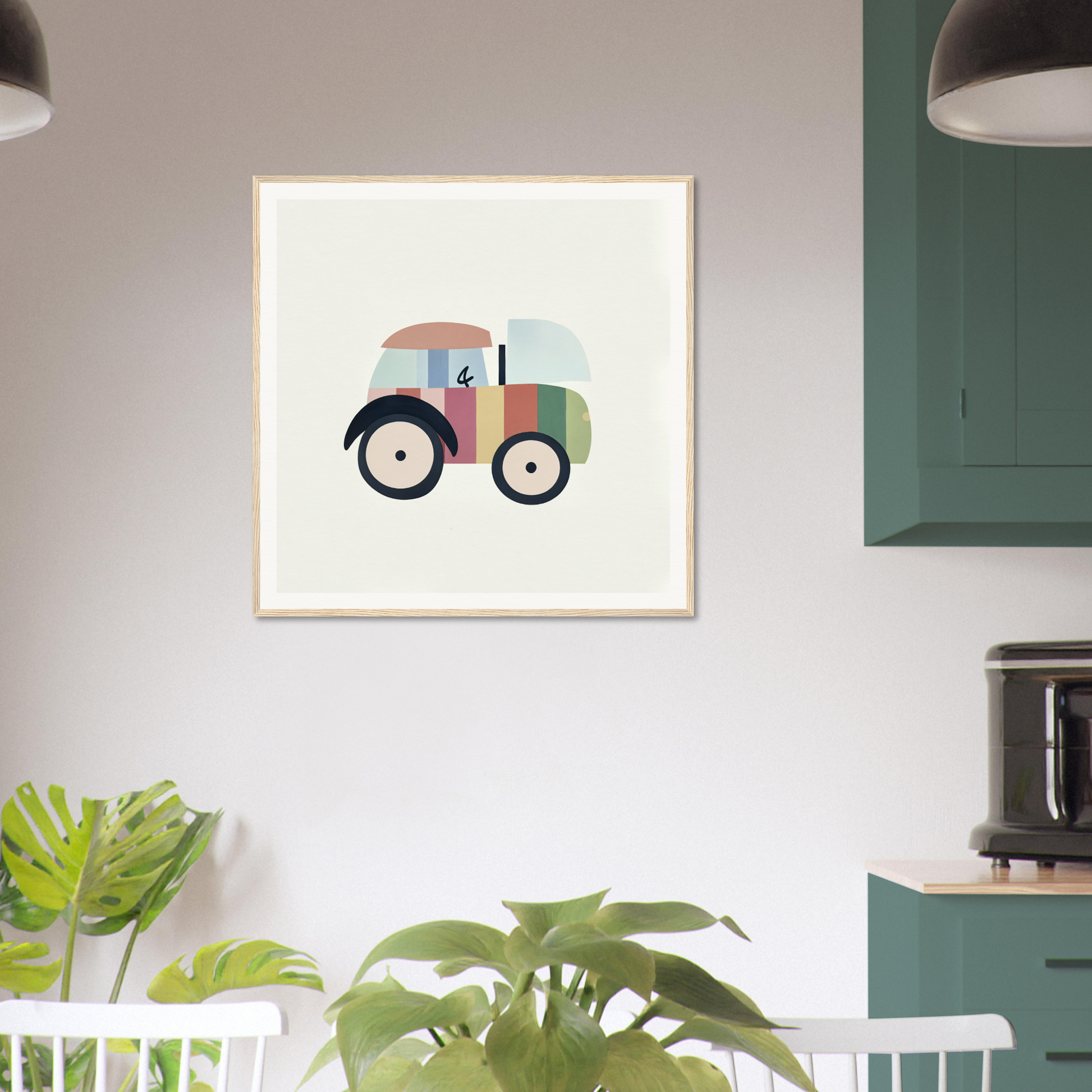 Colorful cartoon tractor framed poster for cute nursery wall art and decor