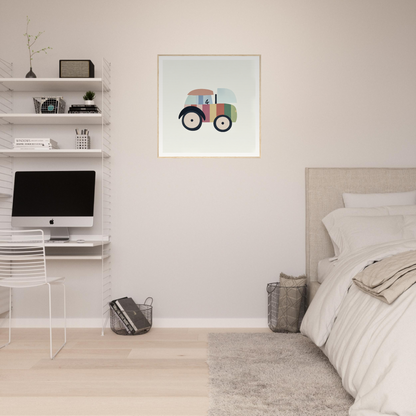 Colorful tractor artwork framed as nursery wall art for fun nursery decor