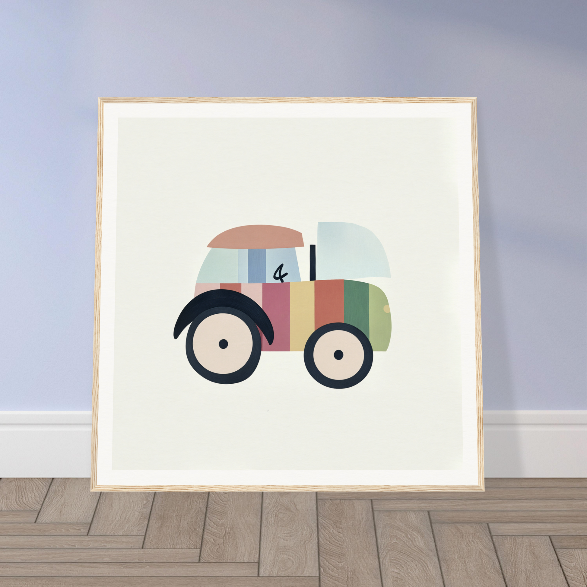 Simple cartoon tractor in pastel colors, perfect for nursery wall art or decor