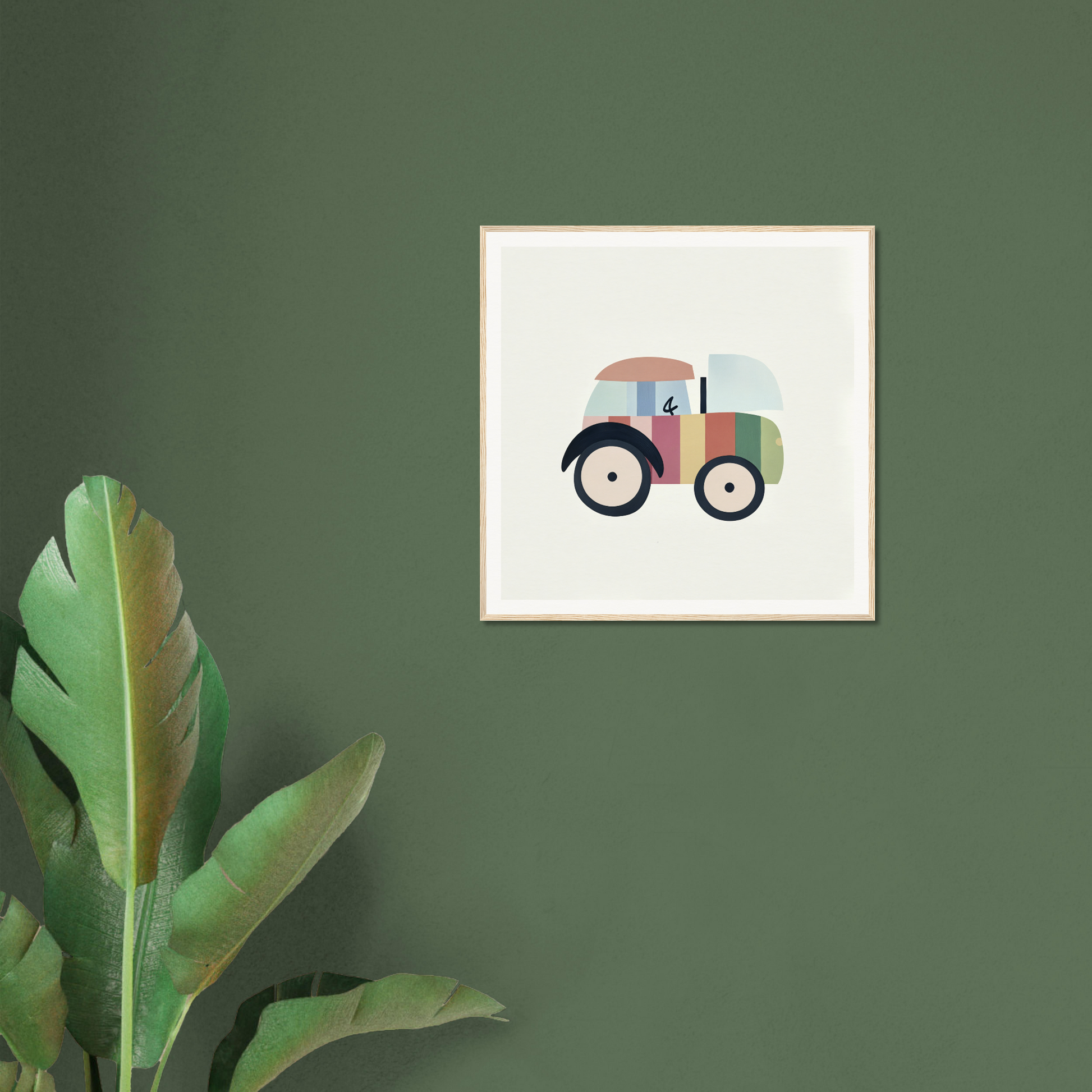 Simple framed poster of a colorful tractor for nursery wall art and decor