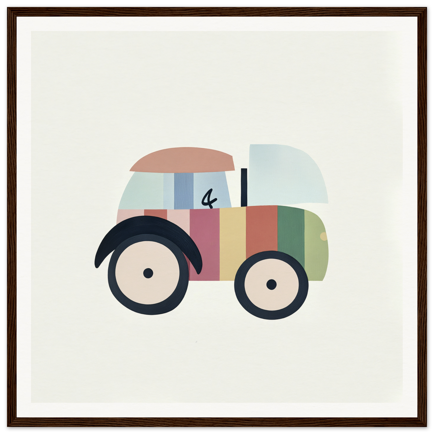 Colorful cartoon tractor in pastel stripes for nursery wall art or framed poster