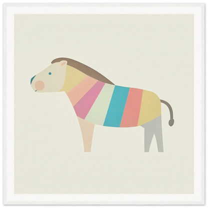 Stylized horse in pastel stripes for trendy nursery wall art or decor, framed poster