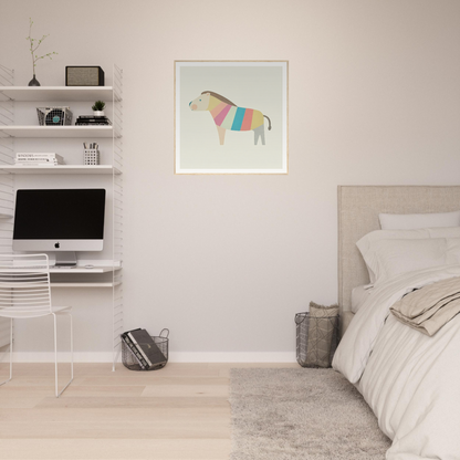 Minimalist bedroom featuring floating shelves, iMac, and colorful nursery wall art