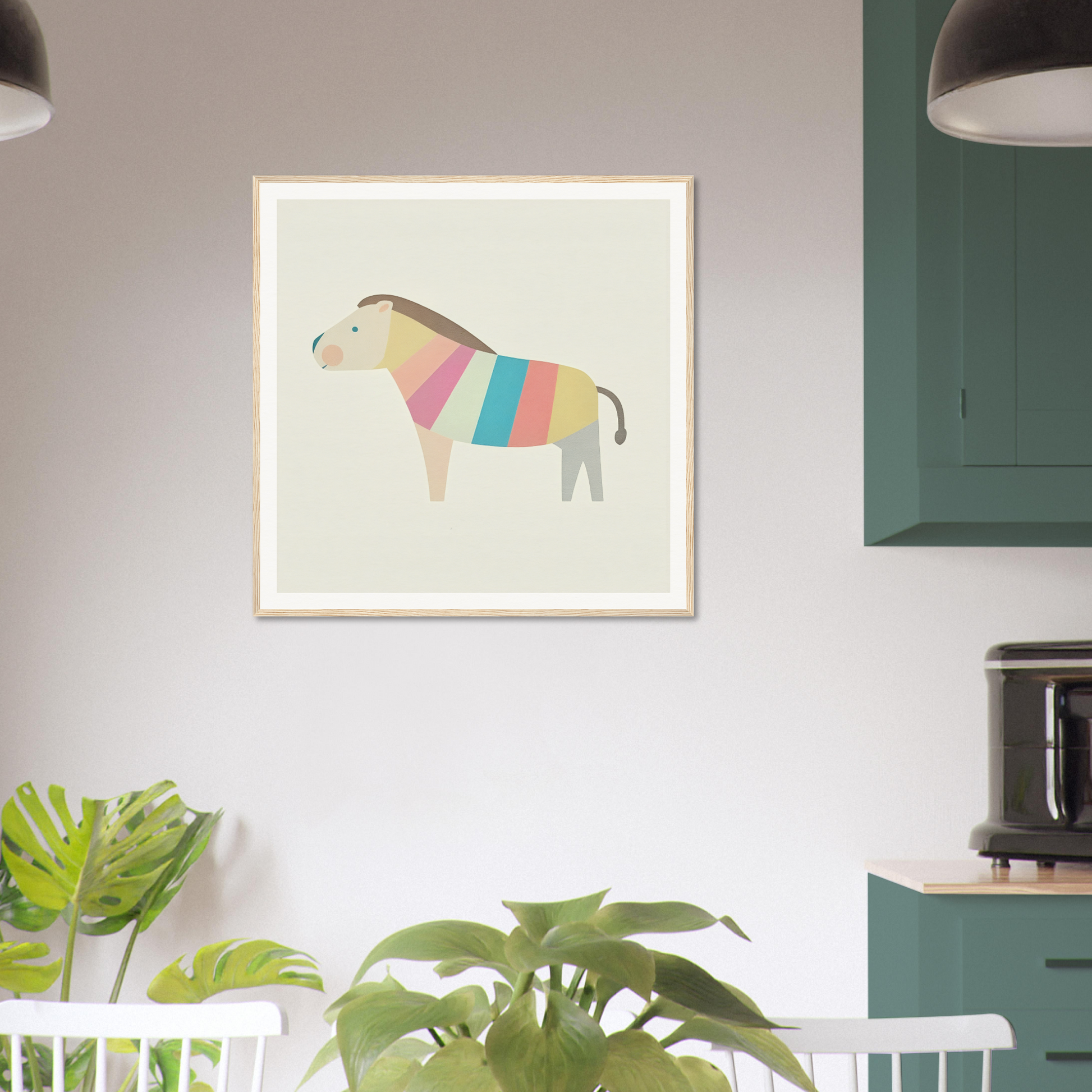 Colorful geometric lion artwork in a white frame for nursery wall art decor